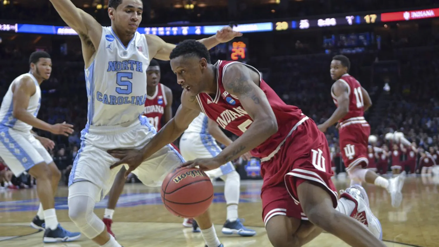 Junior guard Troy Williams drives through a North Carolina defender towards the net on Mar. 25 at the Wells Fargo Center. Indiana lost 101-86.