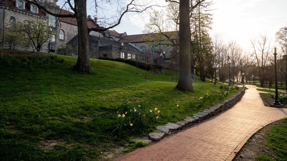 An empty path is pictured April 8 by the Frances Morgan Swain Student Building.