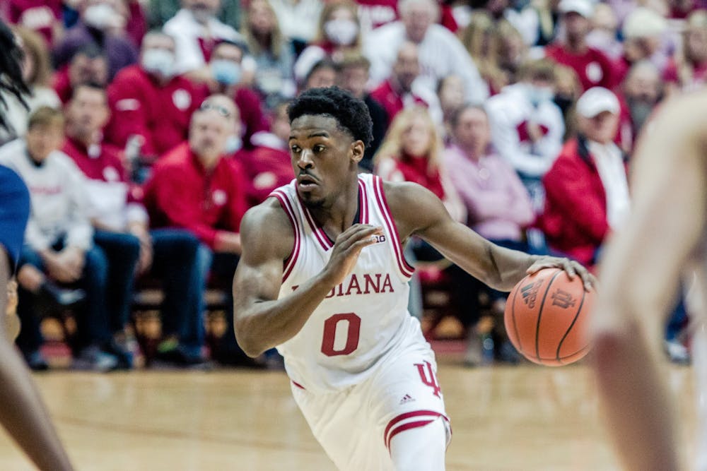 Senior guard Xavier Johnson makes a push toward the basket Dec. 12, 2021, at Simon Skjodt Assembly Hall. Indiana defeated Merrimack College 81-49.