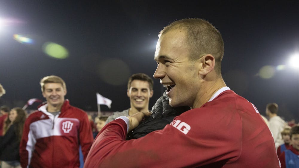 Then-senior defender Andrew Gutman celebrates after IU&#x27;s NCAA Tournament quarterfinal win against the University of Notre Dame on Nov. 30, 2018, at Bill Armstrong Stadium. Gutman was named to the College Soccer News’ Team of the Decade on Wednesday, the only Hoosier to make the first team roster.