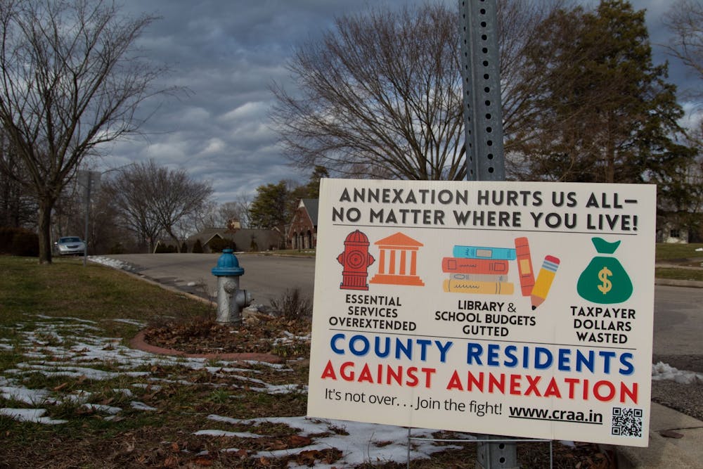 <p>A sign protesting possible annexation is seen Jan. 28, 2023, on the corner of Sheridan Road and Maxwell Lane. Lawrence County special judge Nathan Nikirk announced that the trial for the Bloomington annexation case will not proceed as scheduled in November, as requested by remonstrators opposing the annexation in areas 1A and 1B.</p>