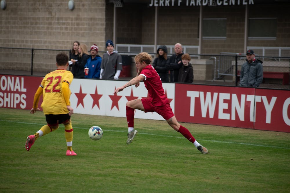 <p>Sophomore forward Samuel Sarver goes after the ball at Bill Armstrong Stadium against Maryland on October 30, 2022. Sarver and Indiana men&#x27;s soccer will face the University of North Carolina at Greensboro in the Elite Eight Saturday.</p>