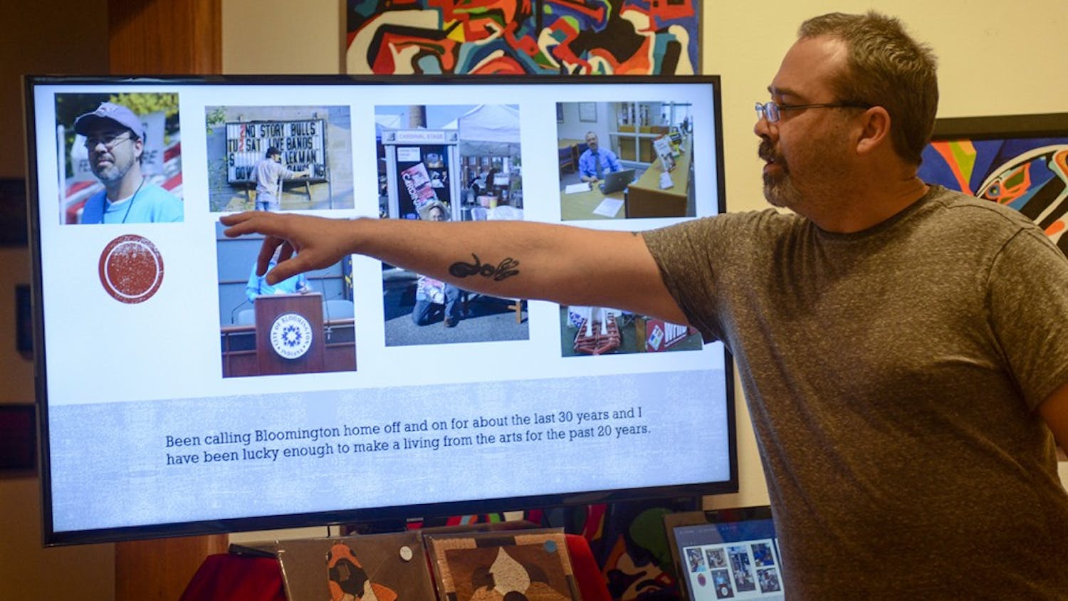 Marc Tschida, a hand crafted wooden jigsaw puzzle artist in Bloomington, gives a talk Tuesday evening at The Venue Fine Art & Gifts. Tschida started a company name Press Puzzle in order to celebrate Bloomington culture through puzzles. 