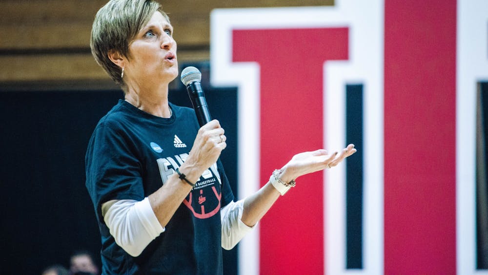 Indiana women's basketball head coach Teri Moren speaks to the crowd at Hoosier Hysteria on Oct. 2, 2021, at Simon Skjodt Assembly Hall. The USA Basketball Women’s U18 team won the gold medal in the FIBA Americas Championships on Sunday.