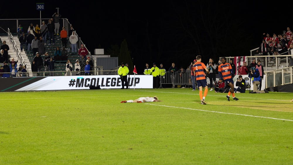 Sophomore Forward Samuel Sarver falls to the ground after a failed shot attempt against Syracuse on Dec. 12, 2022 at WakeMed Soccer Park in Cary, North Carolina. Syracuse beat the Hoosiers in penalty kicks in the College Cup final.