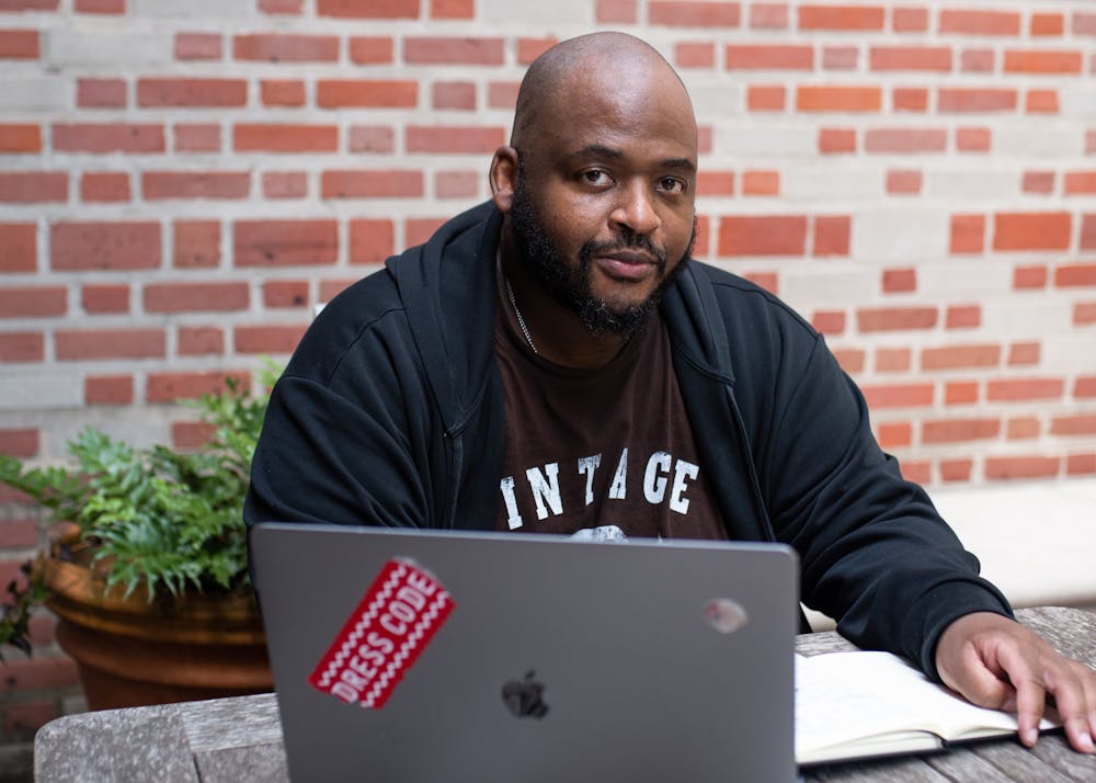 <p>Writer and IU alumnus Kiese Laymon is seen posing for a portrait. Laymon graduated from the College of Arts and Sciences in 2002 with a master of fine arts in creative writing and recently received the MacArthur Fellowship.</p><p></p>