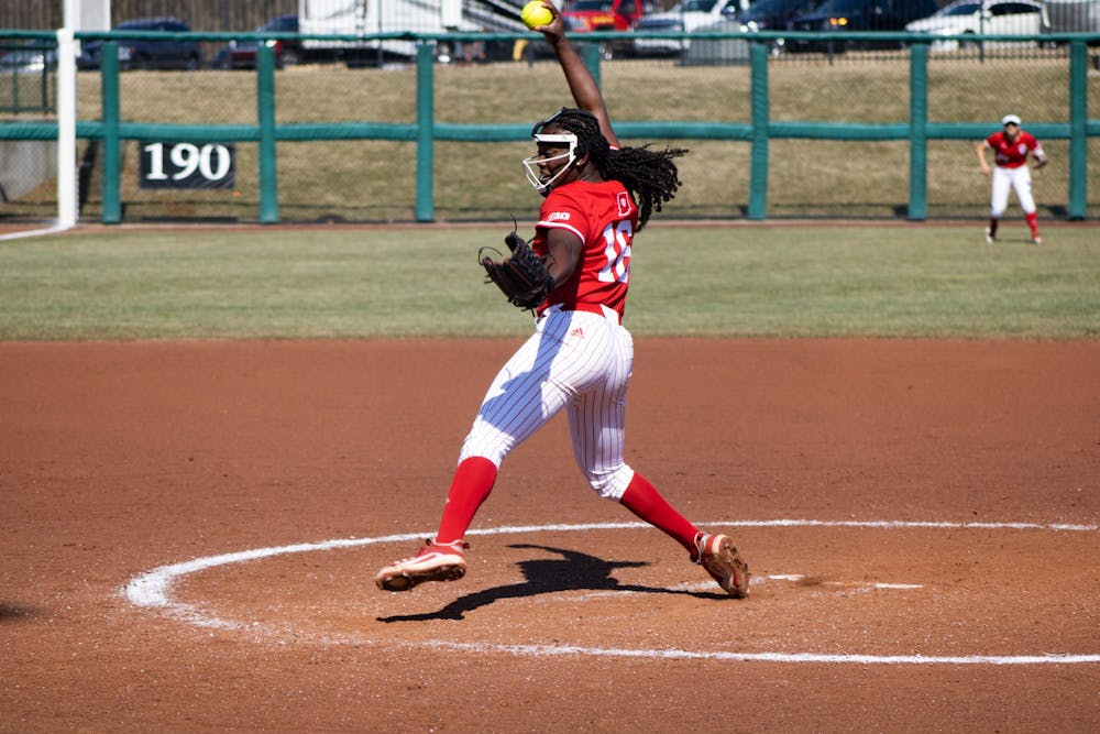 <p>Then-freshman pitcher Brianna Copeland throws a pitch against Western Illinois University on March 5, 2022. Indiana softball lost its first round matchup of the Big Ten Tournament 2-1 to Penn State in extra innings Wednesday.</p>