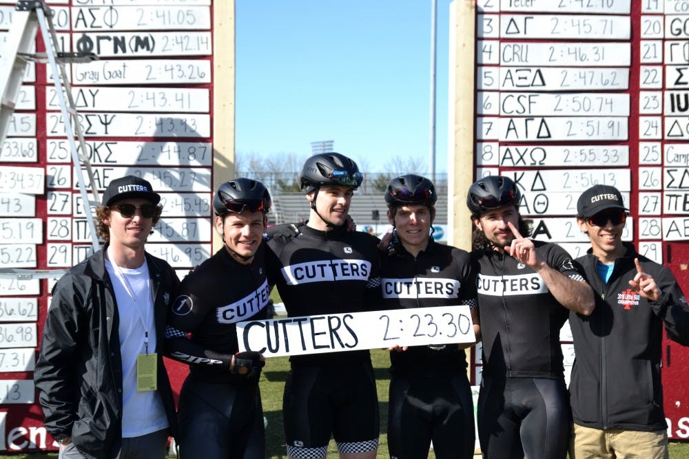 <p>The Cutters pose with their race time Saturday at Little 500 Qualifications. The Cutters had the fastest time to qualify for the men&#x27;s Little 500 race that takes place on April 13.</p>