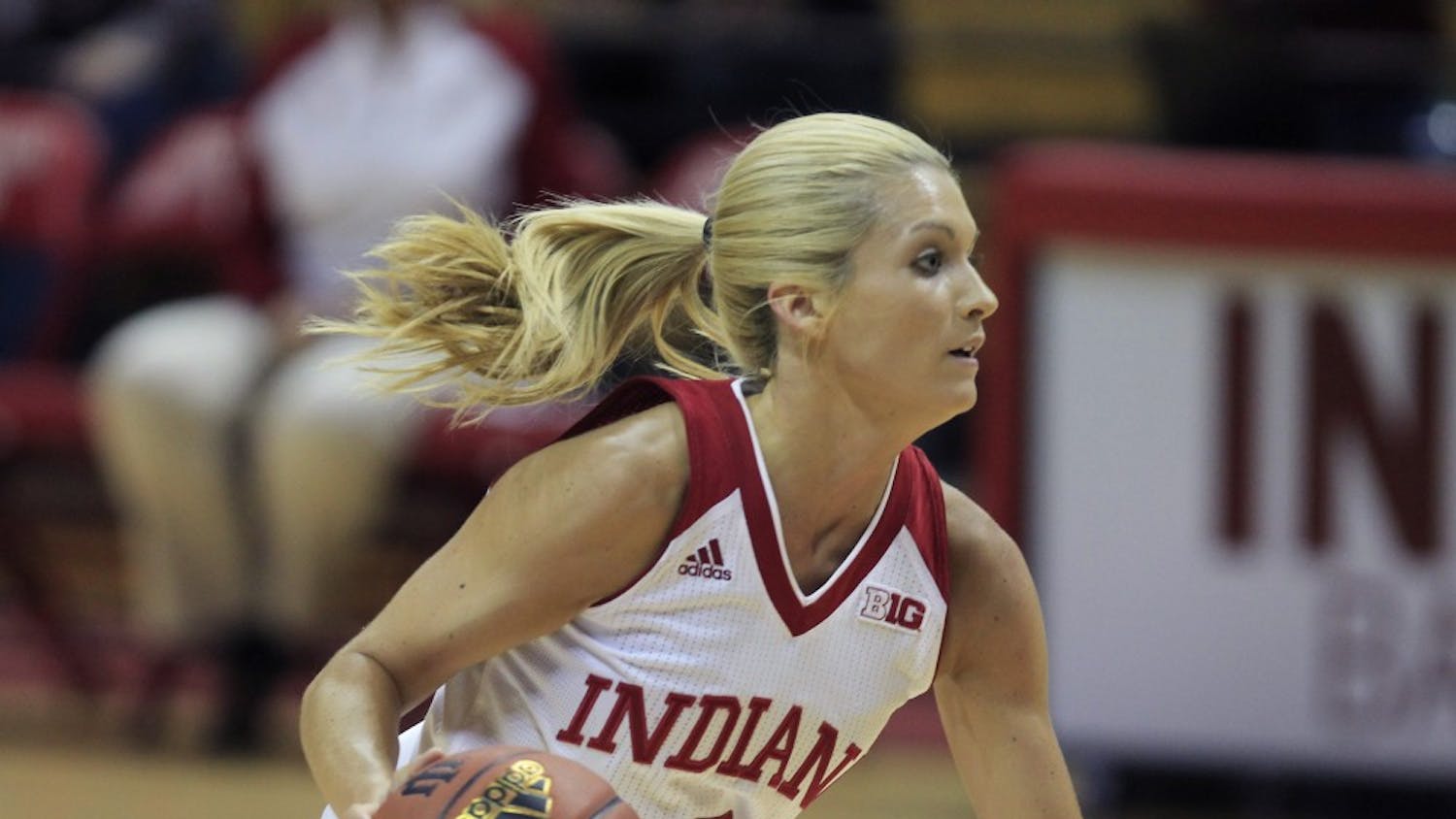 Senior guard Tyra Buss looks for an opportunity to score or pass the ball to a teammate during the game against Southern University. By halftime, IU was up 36-32. The game was Tuesday at Simon Skjodt Assembly Hall.