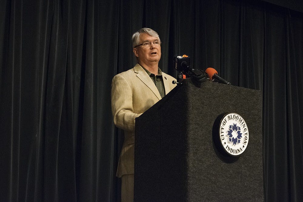 Mayor John Hamilton speaks about implementing the recommendations made by the Safety, Civility and Justice Task Force during a press conference at the Monroe County Public Library Thursday. The press conference came after dozens of overdoses in the Bloomington area. 