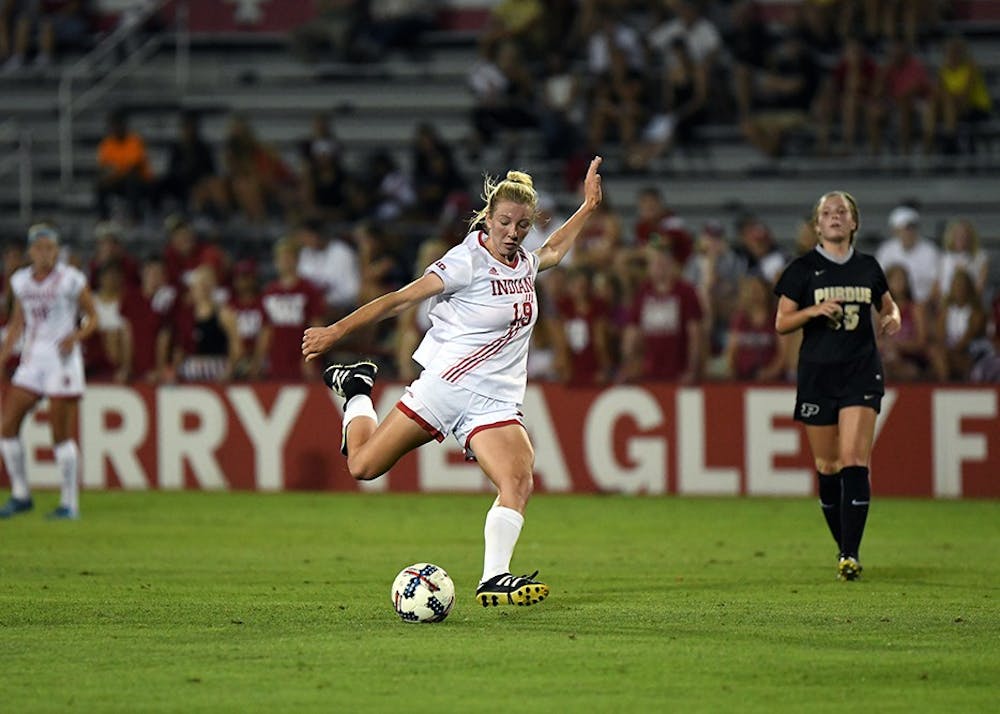 Sophomore midfielder Chandra Davidson kicks the ball against Purdue on Sept. 23 at Bill Armstrong Stadium. Davidson had four shots in IU's 1-1 tie with Purdue.