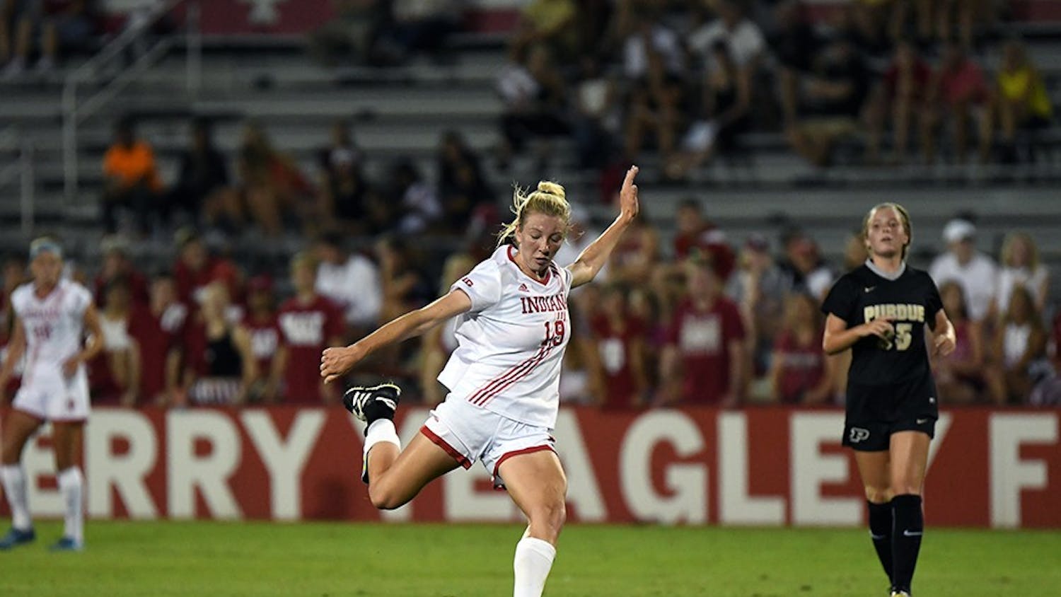 Sophomore midfielder Chandra Davidson kicks the ball against Purdue on Sept. 23 at Bill Armstrong Stadium. Davidson had four shots in IU's 1-1 tie with Purdue.