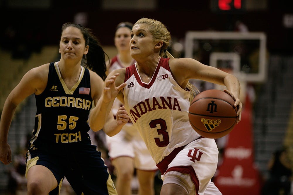 Sophomore guard Tyra Buss runs the ball to the basket against Georgia Tech. Buss led in scoring with 22 points to help the Hoosiers beat Georgia Tech 69-60 Wednesday night. 