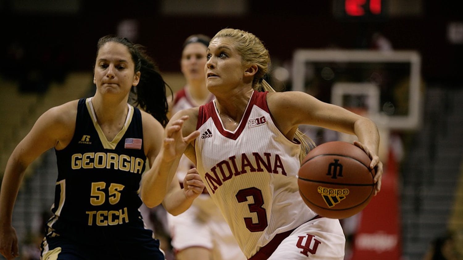 Sophomore guard Tyra Buss runs the ball to the basket against Georgia Tech. Buss led in scoring with 22 points to help the Hoosiers beat Georgia Tech 69-60 Wednesday night. 