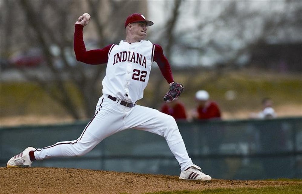 Junior pitcher Eric Arnett releases a throw during the third inning of a game against Xaver March 26, 2008 at Sembower field. The Hoosiers came from behind to win the game 10-4.