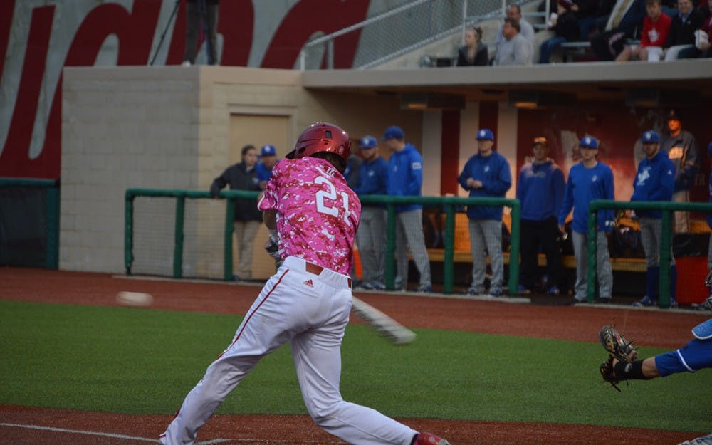 Freshman Jake Matheny makes contact with the ball during IU's game against Indiana State.&nbsp;Indiana State&nbsp;beat IU, 7-3, to end IU's winning streak.&nbsp;
