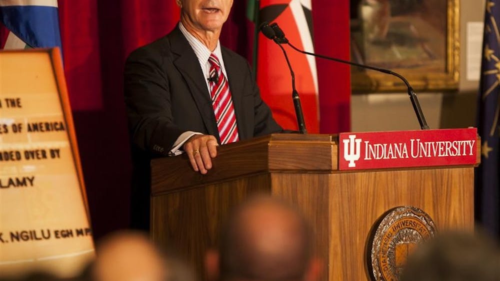 Indiana University Vice President for International Affairs David Zaret speaks on the recent IU delegation trip to Africa on Wednesday at the IU Auditorium. 