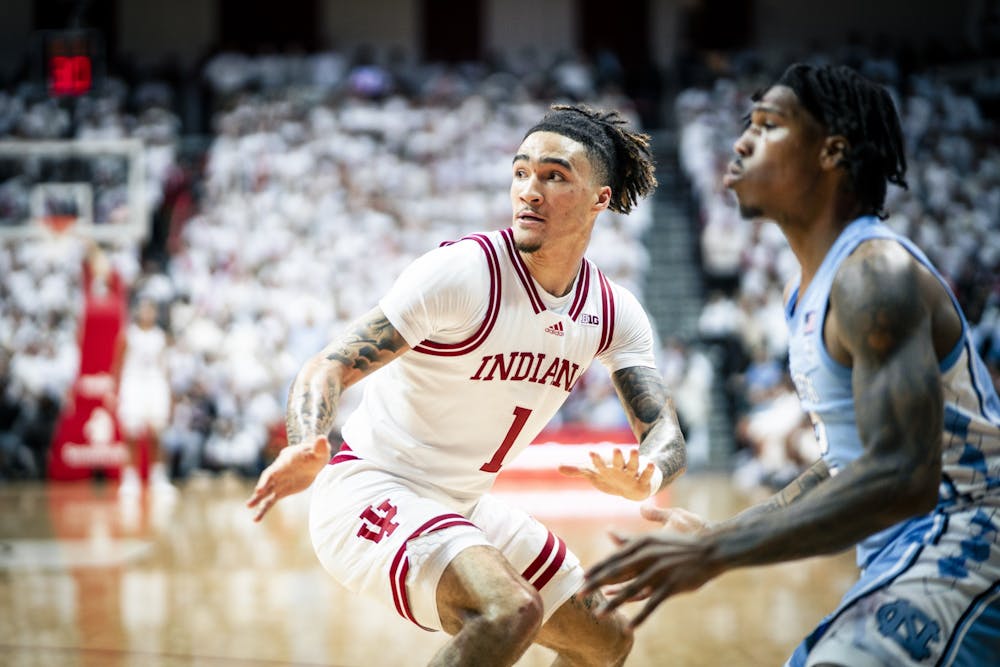 <p>Freshman guard Jalen Hood-Schifino guards an inbound pass Nov. 30, 2022, at Simon Skjodt Assembly Hall in Bloomington. Hood-Schifino declared for the NBA Draft Friday morning.</p>