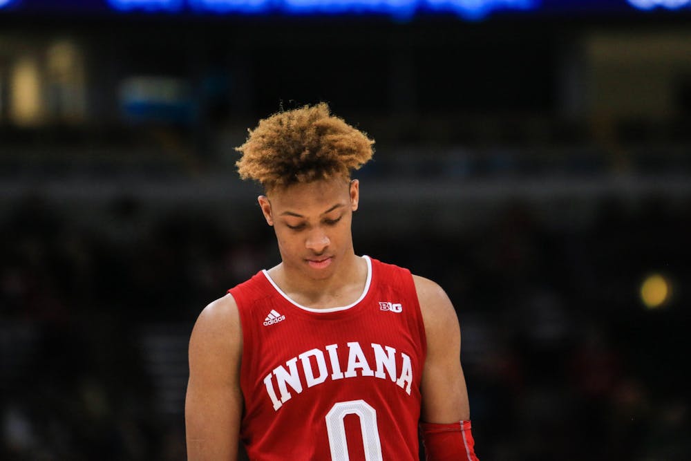 <p>Then-freshman guard Romeo Langford walks back onto the court March 14, 2019, after a timeout during the game against Ohio State during the Big Ten Men&#x27;s Basketball Tournament in Chicago. </p>