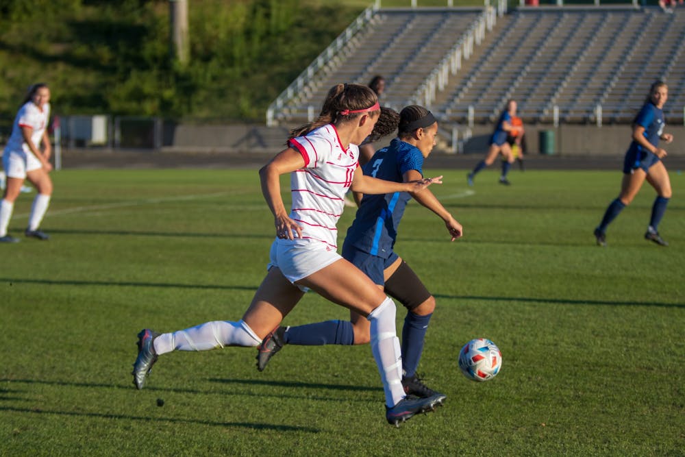 <p>Then-sophomore forward Anna Bennett chases after the ball on Sept. 9, 2021, at Bill Armstrong Stadium. Indiana women’s soccer beat Indiana State University 3-0 Thursday night. </p>