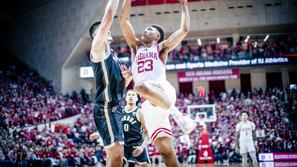 Senior forward Trayce Jackson-Davis drives to the basket Feb. 4, 2023 at Simon Skjodt Assembly Hall in Bloomington, Indiana. Indiana faces Purdue for the second time this season Saturday.