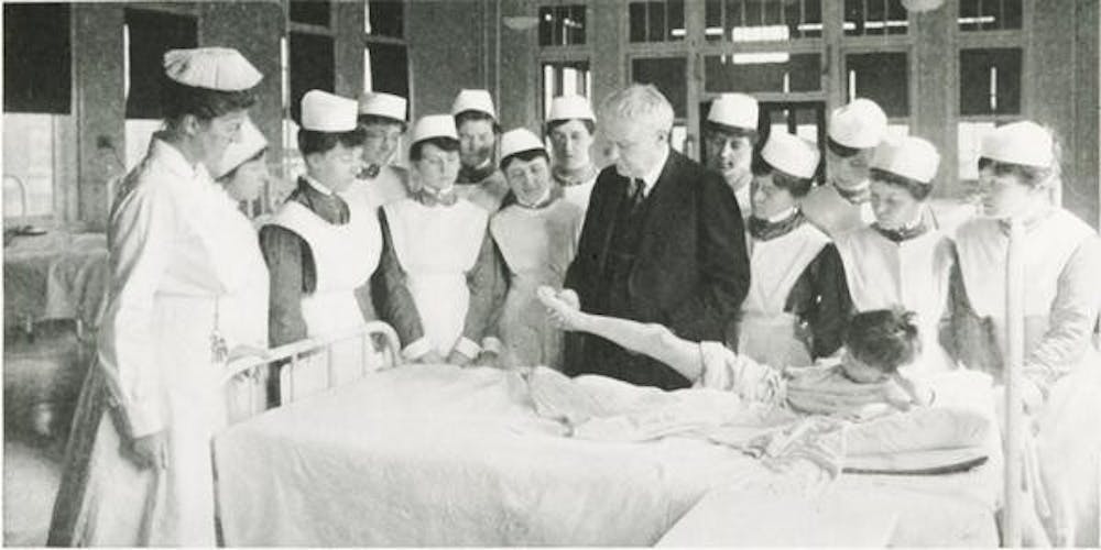 <p>Nursing students stand at bedside clinic at Long Hospital in 1919. </p>