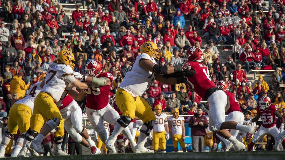 Indiana&#x27;s defensive line matches up with Minnesota blockers on Nov. 20, 2021, at Memorial Stadium. Indiana lost 35-14 at home Saturday to fall to 2-9 on the season.