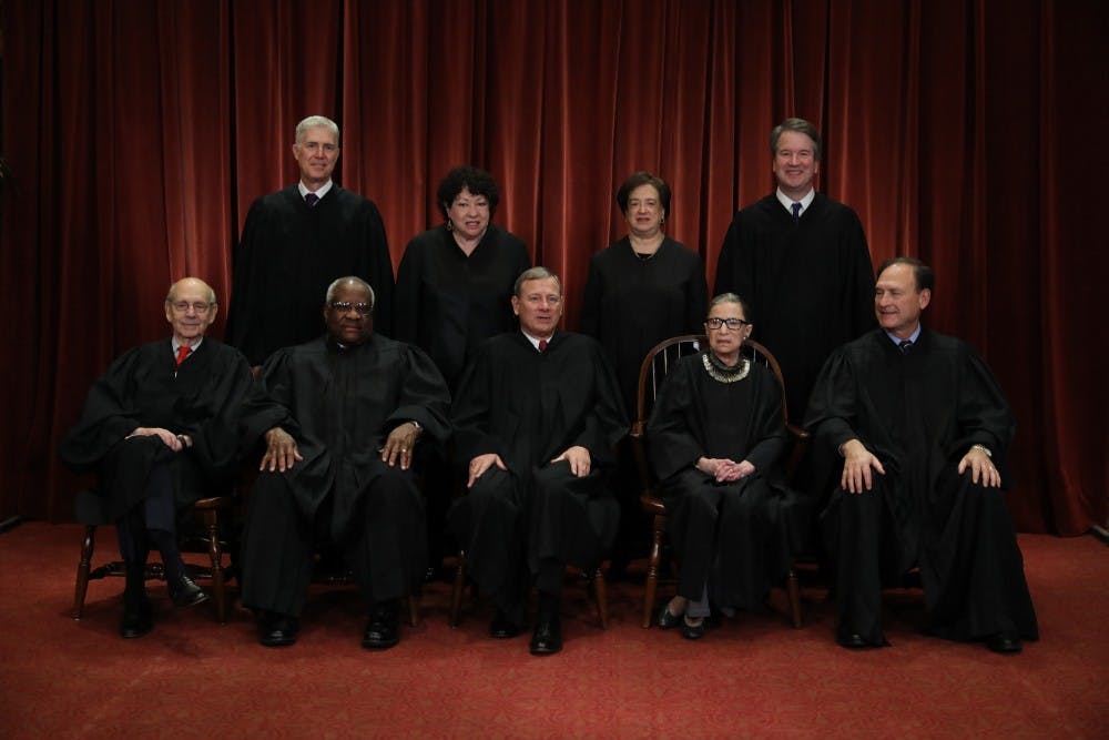 United States Supreme Court (Front L-R) Associate Justice Stephen Breyer, Associate Justice Clarence Thomas, Chief Justice John Roberts, Associate Justice Ruth Bader Ginsburg, Associate Justice Samuel Alito, Jr., (Back L-R) Associate Justice Neil Gorsuch, Associate Justice Sonia Sotomayor, Associate Justice Elena Kagan and Associate Justice Brett Kavanaugh pose for their official portrait Nov. 30, 2018, at the in the East Conference Room at the Supreme Court buildin in Washington, D.C. 