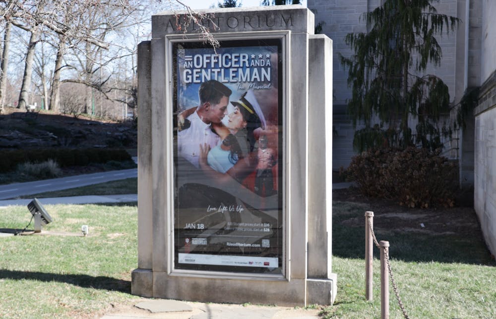 <p>A promo poster for &quot;An Officer and a Gentleman&quot; on display outside of the IU Auditorium on Jan. 10. The musical will play on Jan. 18.</p>