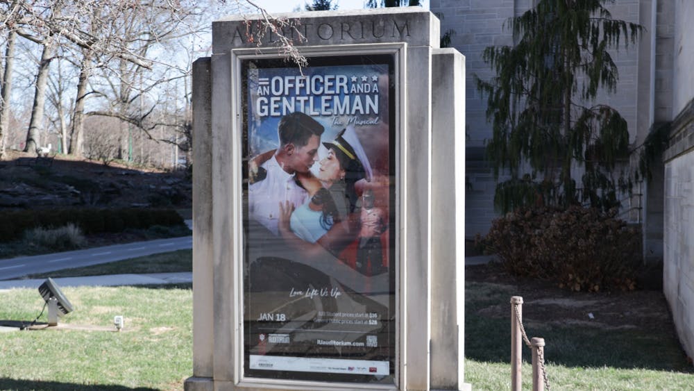 A promo poster for &quot;An Officer and a Gentleman&quot; on display outside of the IU Auditorium on Jan. 10. The musical will play on Jan. 18.