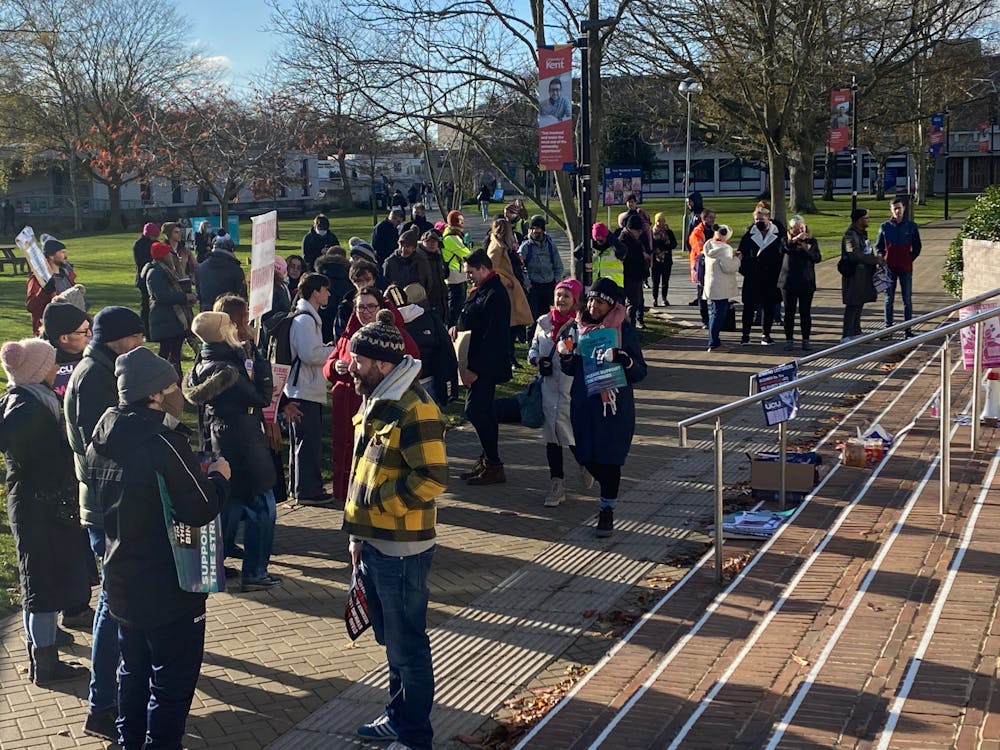 Lecturers and students protest the poor work conditions for educators Dec. 2, 2021, outside of the Templeman Library at the University of Kent in Canterbury, England. The strike was from Dec. 1-3.