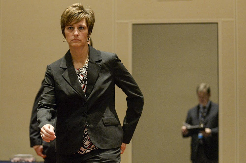 Women's coach Teri Moren prepares to address media Thursday at Big Ten Media Day in Chicago, Ill.