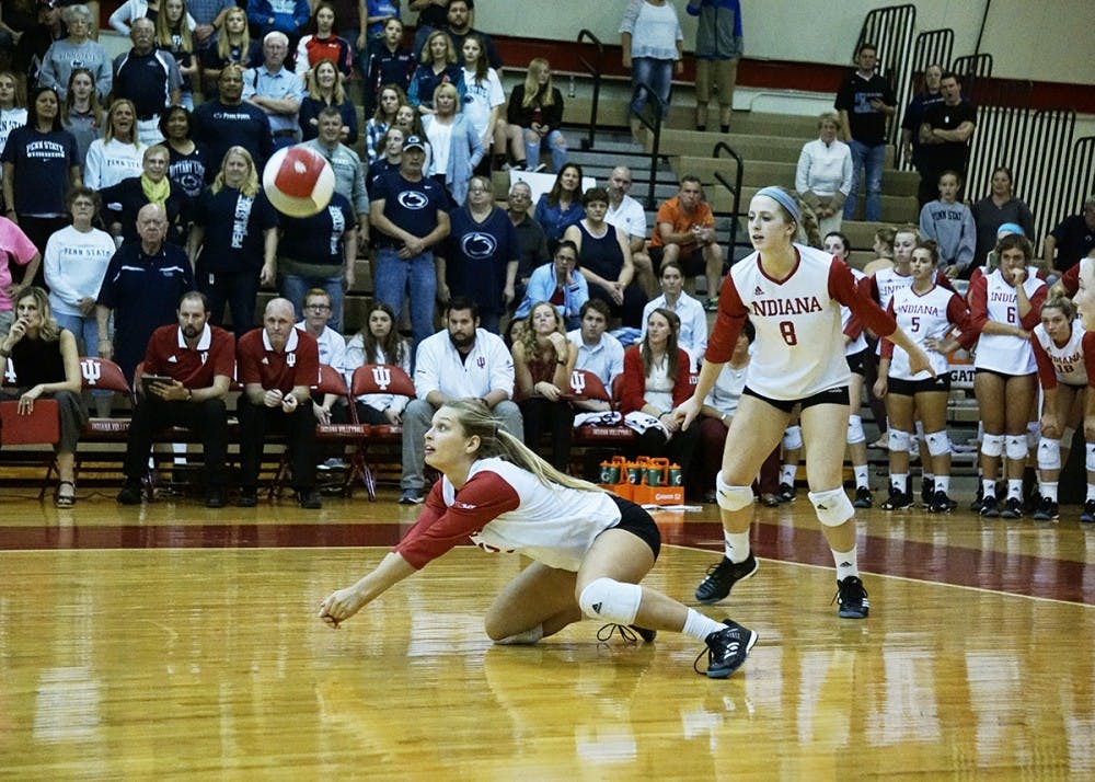 <p>Then-junior Samantha Fogg dives to return the ball against the Penn State on Oct. 21, 2017. IU opens its 2018 season this weekend in Las Vegas.</p>