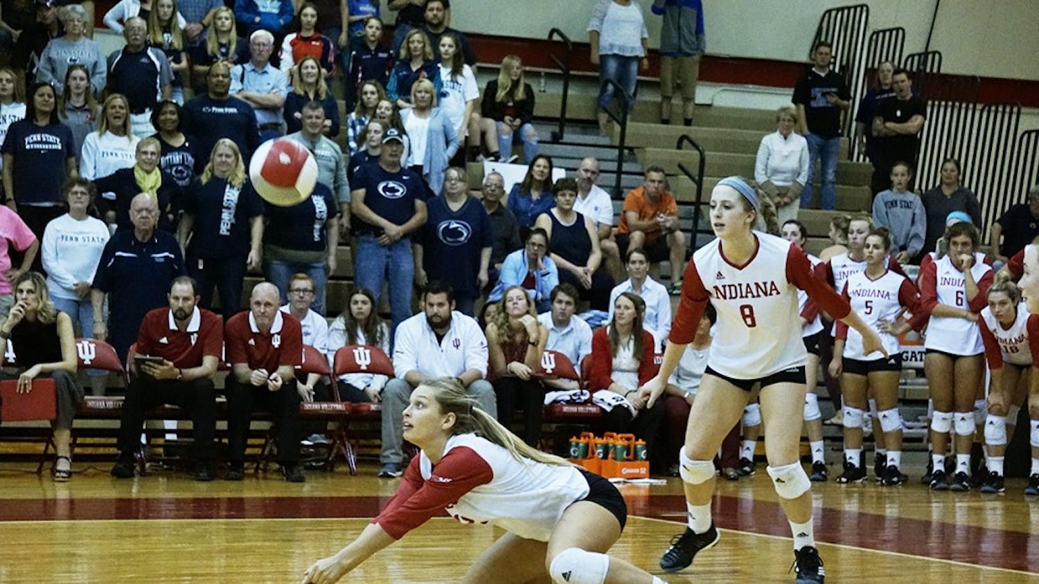 Then-junior Samantha Fogg dives to return the ball against the Penn State on Oct. 21, 2017. IU opens its 2018 season this weekend in Las Vegas.
