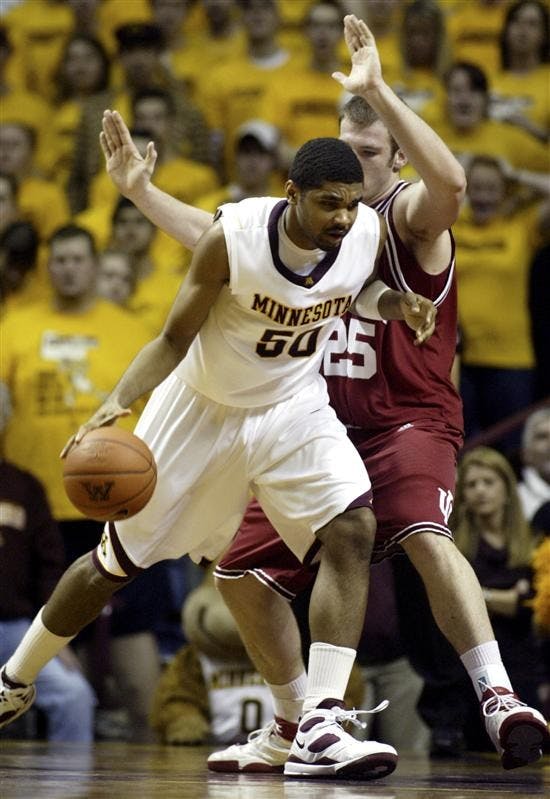 Minnesota forward Ralph Sampson, III (50) drives against Indiana forward Tom Pritchard (25) during the first half Tuesday in Minneapolis.