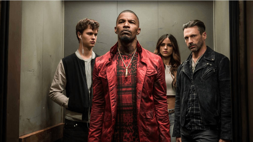 (l to r) Baby (ANSEL ELGORT), Bats (JAMIE FOXX), Darling (EIZA GONZALEZ) and Buddy (JON HAMM) decide on doing the heist in TriStar Pictures' BABY DRIVER.