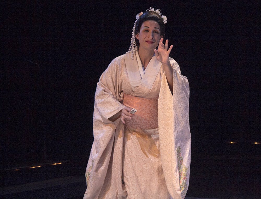Nathaniel Braga plays Song Liling ina dress rehearsal for M. Butterfly on Monday at the Wells-Metz Theatre.
