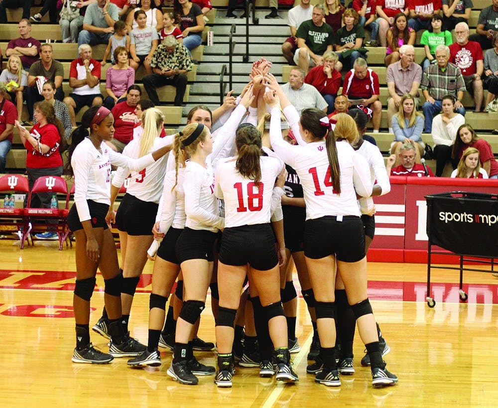 <p>The IU volleyball team cheers before their game against Arkansas State on Sept. 16, 2016 at IU University Gym. The team will open up Big Ten Conference play against Northwestern on Friday.&nbsp;</p>