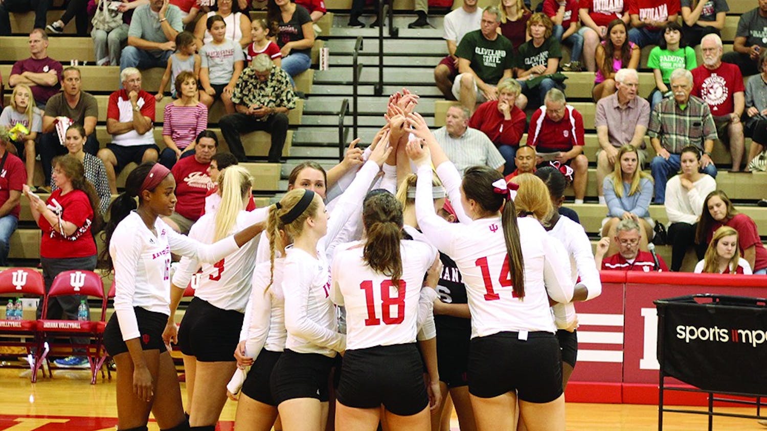 The IU volleyball team cheers before their game against Arkansas State on Sept. 16, 2016 at IU University Gym. The team will open up Big Ten Conference play against Northwestern on Friday.&nbsp;