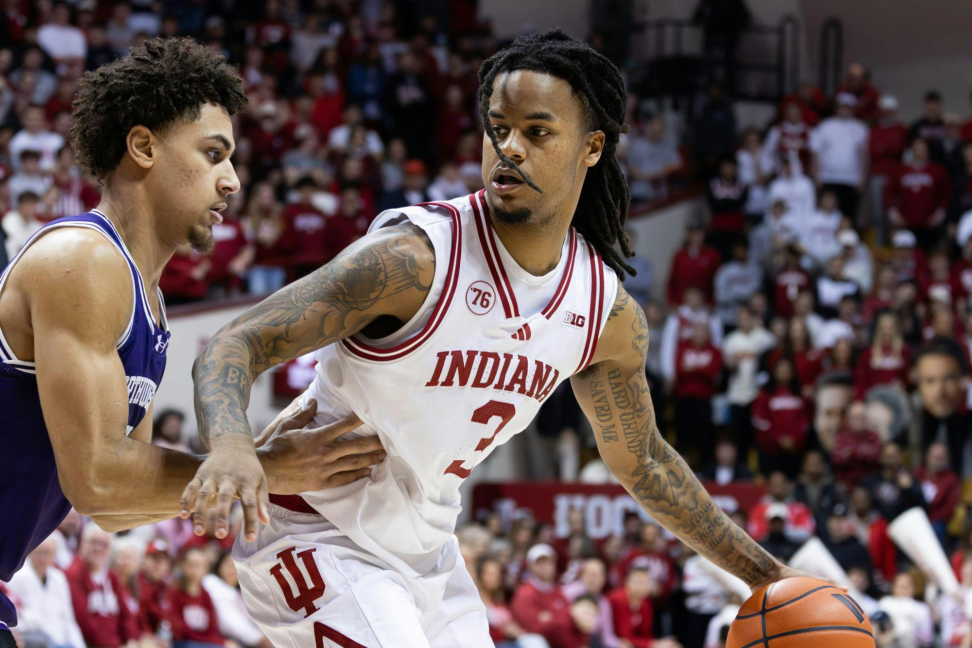 Senior Lamar Wilkerson dribbles and defends the ball against Northwestern on Feb. 24, 2026, at Simon Skjodt Assembly Hall in Bloomington. Wilkerson had five defensive rebounds during the game. 