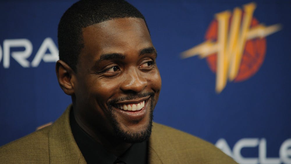 Golden State Warriors basketball player Chris Webber talks with the media before the start to a game  on Feb. 1, 2008, at the Oracle Arena in Oakland, California.