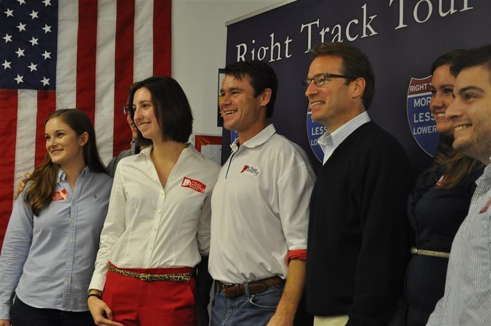 Rep. Todd Young and Rep. House Chief Deputy Whip Peter Roskam meet with members of College Republicans and Young's campaign staff at the Monre County GOP Headquarters Oct. 20, 2012. 