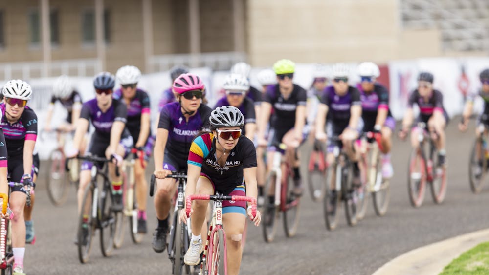 Several members of the female teams take a practice lap during Little 500 Media day April 4, 2023, at Bill Armstrong Stadium. The 35th running of the female race will take place on Friday at 4pm.