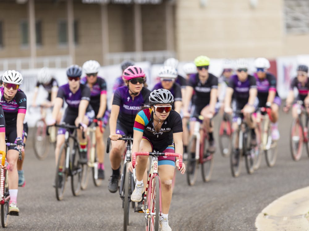Several members of the female teams take a practice lap during Little 500 Media day April 4, 2023, at Bill Armstrong Stadium. The 35th running of the female race will take place on Friday at 4pm.