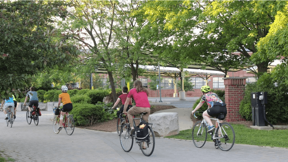 Cyclists ride from Bloomington Community Bike Project to Upland Brewing Co. May 24, 2019. The Bicycle and Pedestrian Commission is in the midst of a project to add traffic calming devices like speed humps, curb bump-outs and speed cushions to Hawthorne and Weatherstone streets.