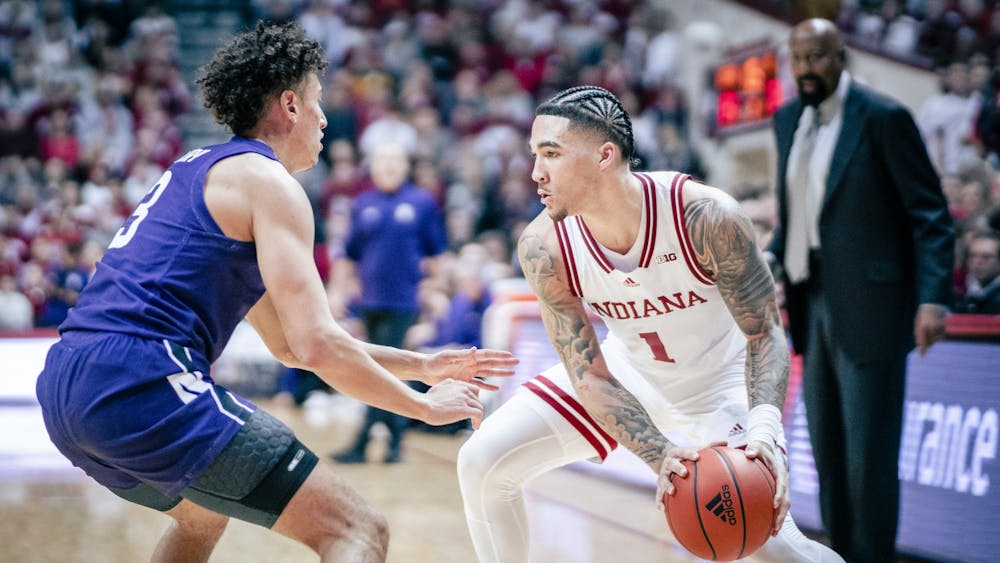 Freshman guard Jalen Hood-Schifino looks to drive to the basket Jan. 8, 2023 at Simon Skjodt Assembly Hall in Bloomington, Indiana. The Hoosiers lost to Northwestern 84-83.
