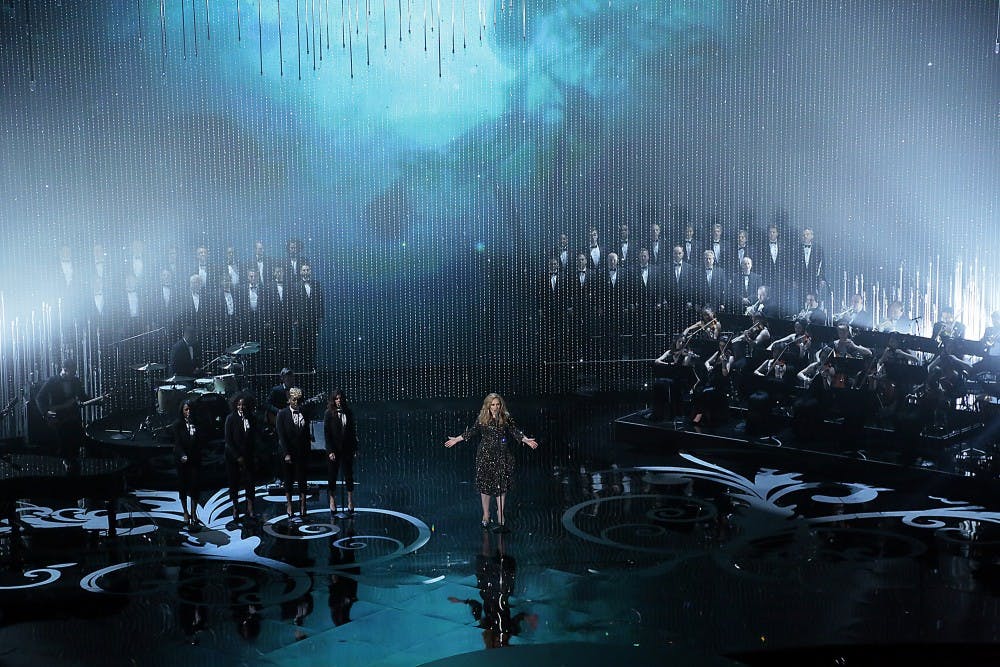 Adele sings during the show at the 85th annual Academy Awards at the Dolby Theatre at Hollywood & Highland Center in Los Angeles, California, Sunday, February 24, 2013. (Robert Gauthier/Los Angeles Times/MCT)