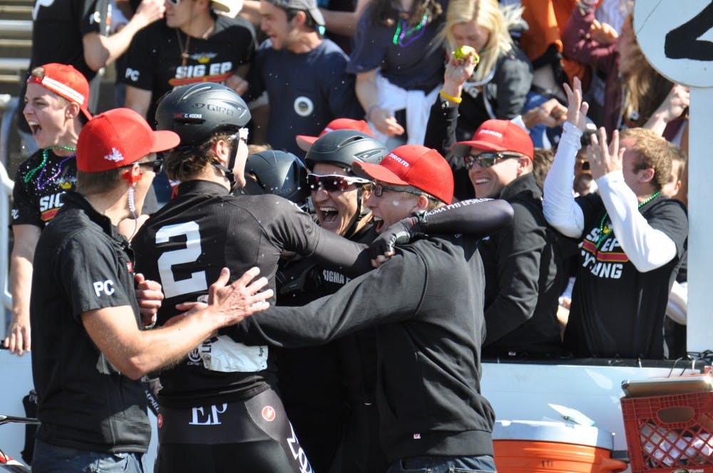 Sigma Phi Epsilon celebrate their 2015 Little 50 win. The team barely nosed out Black Key Bulls in a race to the finish.