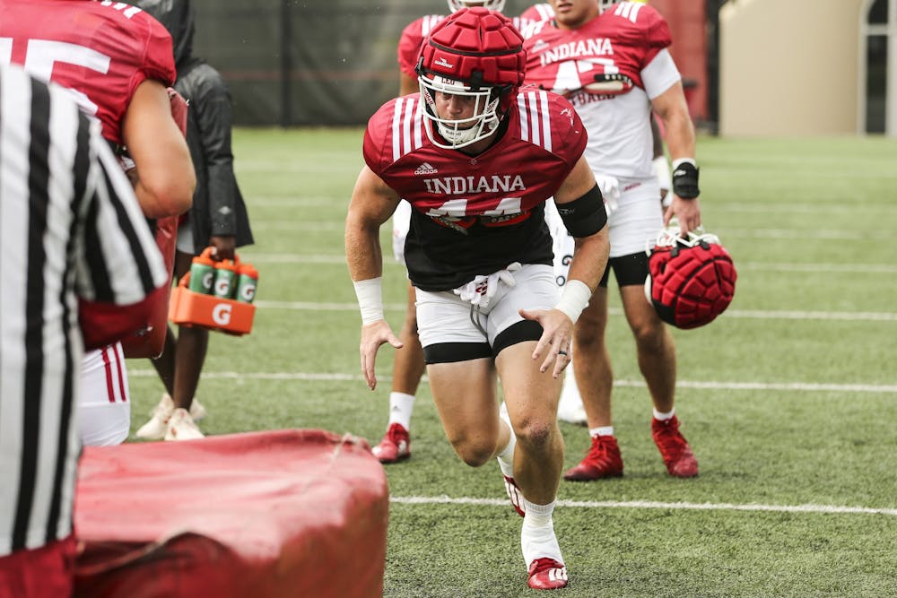 <p>Senior linebacker Thomas Allen practices during fall camp Aug. 9, 2021, at Memorial Stadium in Bloomington. Allen said he made a decision to return to the field this offseason in a press conference Thursday.</p>