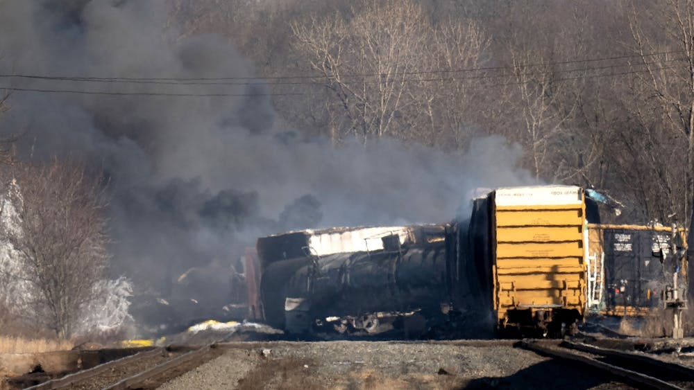 Smoke rises from a derailed cargo train in East Palestine, Ohio, on Feb. 4, 2023. New third-party test results indicate the hazardous waste from a train derailment in East Palestine, Ohio, coming to Indiana does not contain harmful levels of dioxins.
